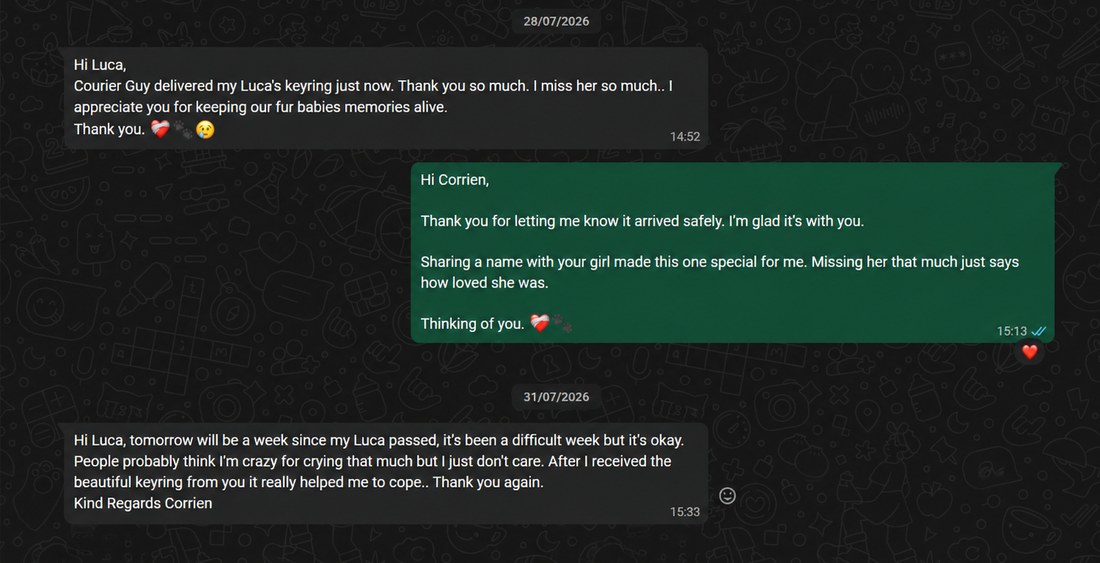 A WhatsApp conversation with a customer who says the keyring arrived and helped her cope after losing her dog